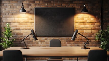 A minimalist podcast studio with a clean and modern design, featuring a table with microphones on boom arms, professional headphones, and acoustic panels on the walls.