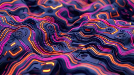 Obraz premium A vibrant, abstract surface with flowing lines in pink and orange against a deep blue background, creating a dynamic, textured appearance.