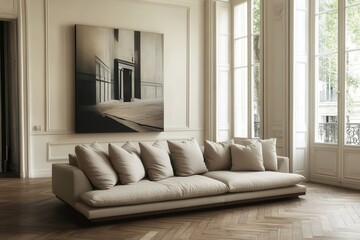 Fototapeta premium A minimalist, elegant living room featuring a sleek, low-profile sofa with neutral cushions