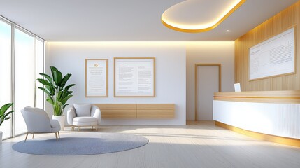 Fototapeta premium A bright doctor's office with light-colored furniture, framed medical certificates, and a cozy waiting area for patients to feel comfortable.