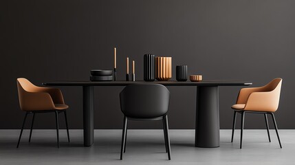 A modern dining table set with minimalist holiday decor, featuring geometric candle holders and monochromatic tones