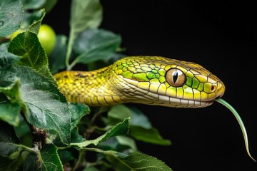 Fototapeta premium Bright green snake resting among lush leaves with its tongue flicking in a darkened environment