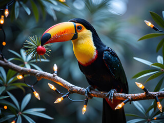 Fototapeta premium A colorful toucan pausing amidst holiday lights and pine branches, digital painting of wildlife photography concept.