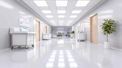 Fototapeta premium A clean and modern emergency room hallway, featuring medical carts, equipment, and urgent care signs for a fast-paced healthcare environment.