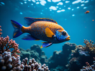 Obraz premium Vibrant underwater scene featuring a colorful fish swimming among coral reefs, photorealistic of underwater life concept.