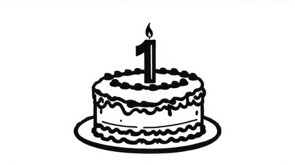 Birthday cake, burning candle, Happy First Birthday badge. Cake with a candle in the form of a number 1
