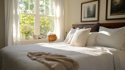 A calm bedroom setup with white linens and natural light promoting restful sleep