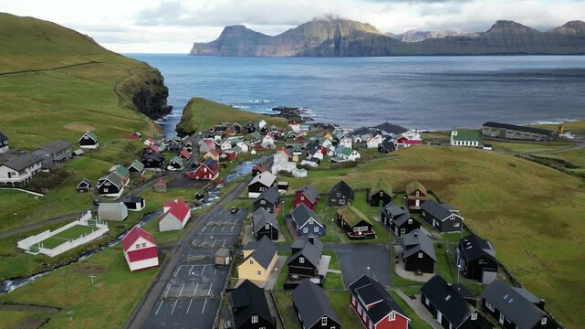 Aerial View of Gjogv and the beautiful cliffs nearby, Faroe islands