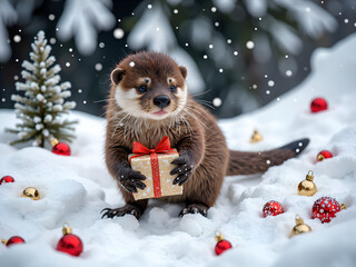 Fototapeta premium Adorable otter with a gift surrounded by holiday decorations in a snowy landscape, digital art of wildlife concept.