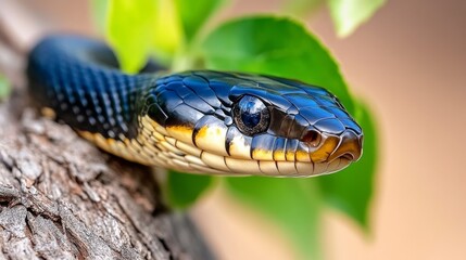 Fototapeta premium A close-up of a vibrant snake resting on a branch surrounded by lush green leaves in a natural setting during daylight
