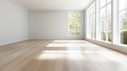 Bright, spacious new home interior with minimalist decor, light wood floors, and large windows letting in natural light.