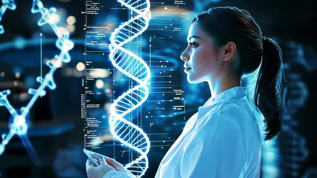 In a futuristic lab, a passionate female scientist studies DNAs intricate structure, blending advanced technology with innovative genetics and biochemistry, transforming our understanding of life