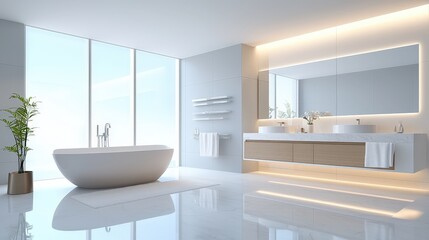 Fototapeta premium Luxurious bathroom with a freestanding tub, marble countertops, and ambient lighting reflecting off sleek, modern fixtures.