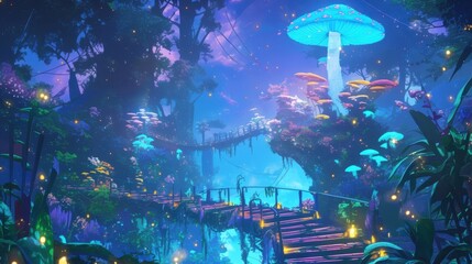 Fototapeta premium A winding path illuminated by colorful neon mushrooms and fireflies leading deeper into the mysterious neon forest.