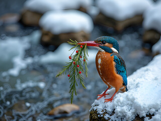 A colorful kingfisher holding pine branch in a winter wonderland setting, photography of nature concept.