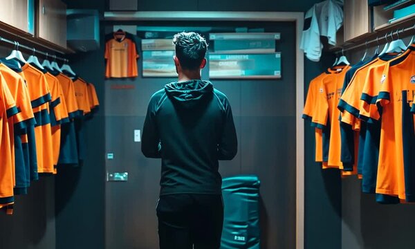 A team prepares in a locker room with orange jerseys hanging, emphasizing sports camaraderie.