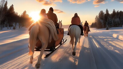 A rustic sleigh ride scene with a family bundled up in blankets, horses, and jingling bells