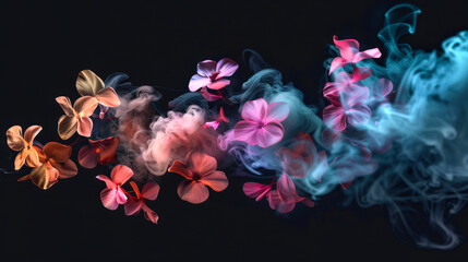 A scattering of feminine flowers in romantic and mystical colored smoke on a black background. The concept of a holiday card for March 8th or Valentine's day. A symbol of spring
