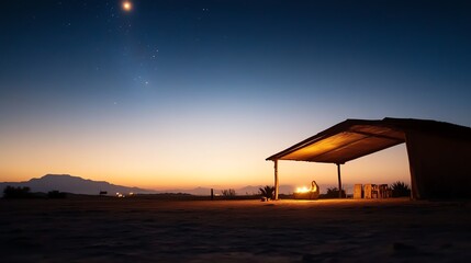 A serene nativity scene under a starlit sky, with glowing lights adding warmth