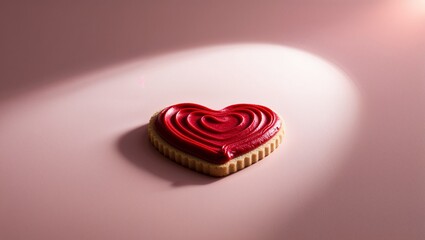 Heart-shaped cookie with red icing on light pink surface.