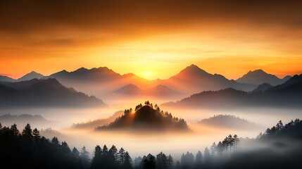 Obraz premium Foggy mountain range at dawn, layers of peaks fading into the distance, glowing orange sky, dramatic natural landscape, Ultra-Realistic, Photo Realistic, highly detailed, 