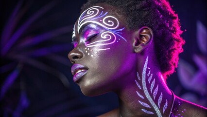 Obraz premium A vibrant portrait presenting a figure with detailed neon purple and silver strokes swirling around their eyes. The artistic application enhances the facial features while