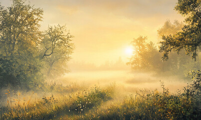 Fototapeta premium Sunset light flares in summer forest with soft fog surrounded it, Tropical Stunning view of with sunrise mist and fog rays