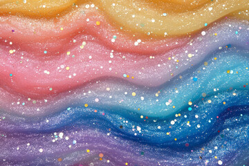 Colorful waves of pastel hues with sparkling glitter and dots create dreamy effect
