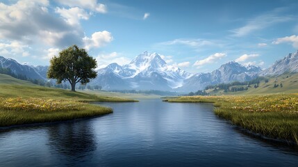 Obraz premium Idyllic riverbank with blooming wildflowers and gentle ripples, set under a vibrant blue sky, Ultra-Realistic, Photo Realistic, highly detailed, 
