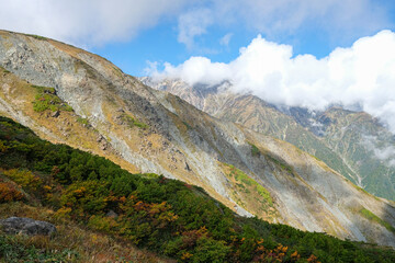 Happo Alpen Line Nature trail, Hakuba, Nahano, Japan, Mountain landscape with clouds and greenery
