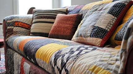 Cozy Living Room with Patchwork Quilt and Pillows: Rustic and Bohemian Home Decor