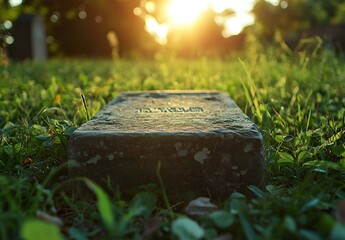 A photograph of an old, flat stone tombstone in the middle of a green field, shot from a front view, close-up, on a sunny day, with natural light, 