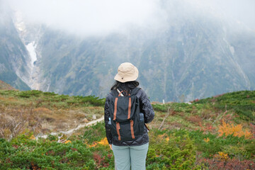 Happo Alpen Line Nature trail, Hakuba, Nahano, Japan, Scenic view of a hiker in nature