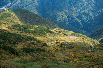 Happo Alpen Line Nature trail, Hakuba, Nahano, Japan, Mountain landscape with autumn colors