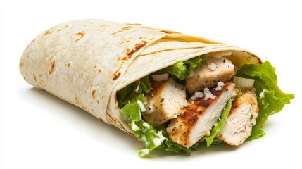 A perfectly assembled chicken Caesar wrap with a soft tortilla, grilled chicken strips, fresh romaine lettuce
