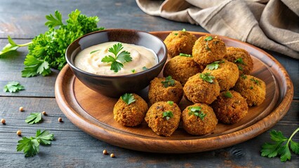 Plate of crispy falafel balls with tahini sauce for dipping, falafel, Middle Eastern food, vegetarian