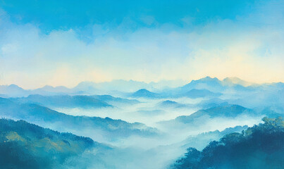 Fototapeta premium The Mountains coverred clouds at sunrise in summer. Aerial view of mountain peak with green trees in fog. Beautiful landscape with high rocks, forest, sky