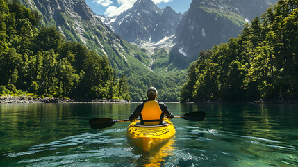 Kayaking adventure on a serene river stunning nature landscape tranquil environment scenic viewpoint for outdoor enthusiasts