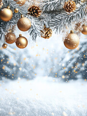 Winter Wonderland: A serene forest scene, adorned with glistening snow, frosted pine branches, and golden Christmas ornaments, exudes a magical and festive ambiance.  