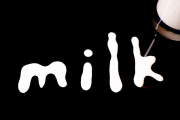 A glass of milk with the word 