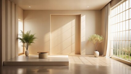 Fototapeta premium Minimalist Interior Design Sunlit Room with Plants and a Neutral Color Palette