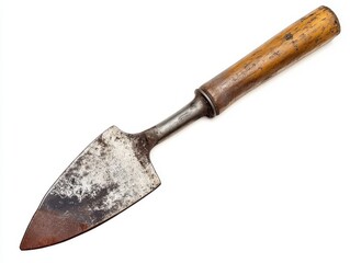 Old garden trowel with wooden handle and worn metal blade