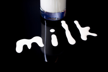 A glass of milk with the word 