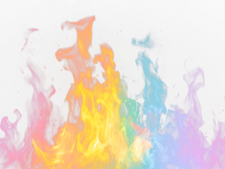 Vibrant rainbow flames against black Transparent Background.