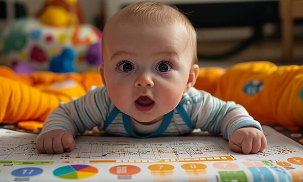 A baby lying on a colorful mat, exploring a chart with playful curiosity.