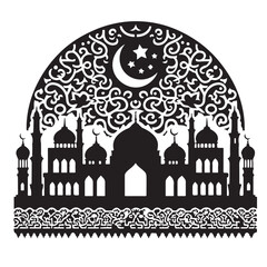 Ramadhan Kareem. Mosque and crescent with stars on white background, vector illustration.