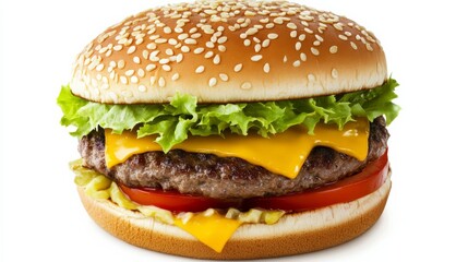 A perfectly assembled double cheeseburger with a sesame seed bun, two juicy beef patties, melted cheese