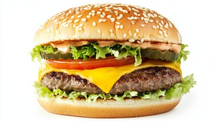 A perfectly assembled double cheeseburger with a sesame seed bun, two juicy beef patties, melted cheese