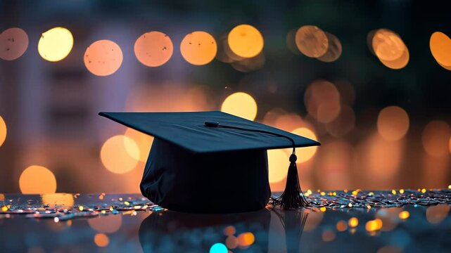 Celebration of Graduation Cap and Tassel Amidst Bokeh Lights and Joyful Moments