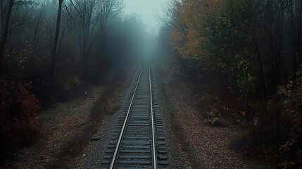 Fototapeta premium Misty Railroad Track Through Autumn Forest: A Tranquil Journey
